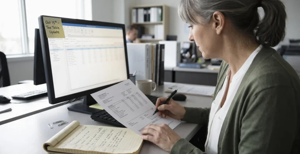 Une gestionnaire de paie contrôle ligne par ligne un bulletin de paie imprimé en le comparant aux montants affichés sur son écran, un carnet de notes à la main. Une gestionnaire de paie contrôle ligne par ligne un bulletin de paie imprimé en le comparant aux montants affichés sur son écran, un carnet de notes à la main.