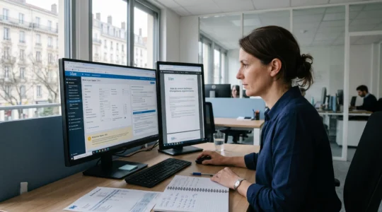 Une gestionnaire de paie vérifie sur son écran les paramètres mis à jour dans son logiciel de paie, dans un bureau lumineux.